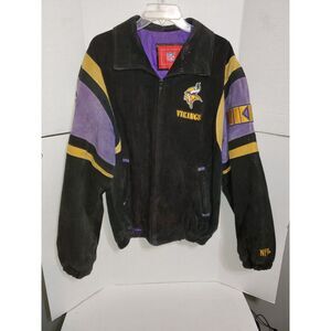Vintage‎ NFL Suede Leather Full Zip Jacket Minnesota Vikings Black Purple Large